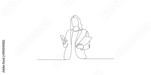 Continuous single line drawing of a business woman holding a smartphone and a document folder in a professional office isolated on white background, Vector, illustration