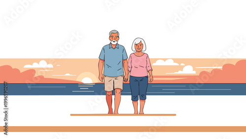 Senior Couple Holding Hands at Sunset Beach, Retirement Lifestyle Vacation