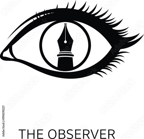 Creative eye icon with a fountain pen nib inside representing writing and vision in a simple black ink style