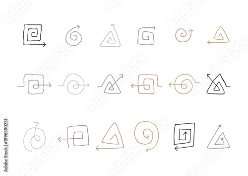 アンティークな雰囲気の渦を巻いている手描きのぐるぐるした矢印のセット