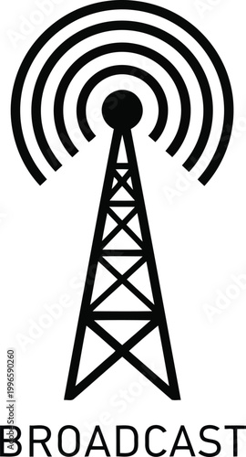 Black broadcast antenna icon with radio signal waves for communication and technology concepts