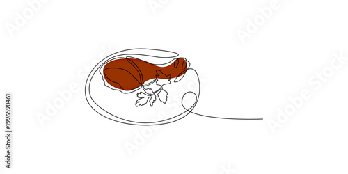 Continuous single line drawing of a delicious fried chicken leg served on a plate with fresh green parsley garnish isolated on white background, Vector, illustration