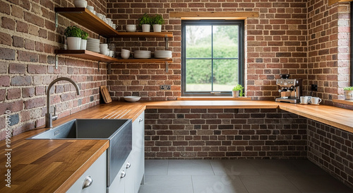 Rustic kitchen with wooden countertops and brick walls wooden shelves white dishes