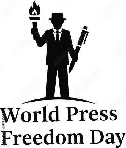 World Press Freedom Day symbol with a man holding a torch and a pen as an icon for journalism and human rights