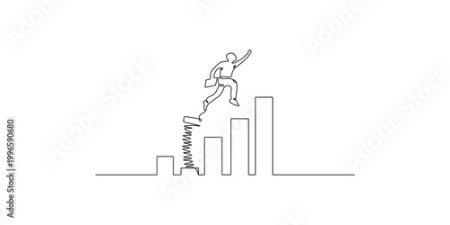 Continuous one line drawing of businessman jumping from a spring over a bar chart showing financial growth and company success.