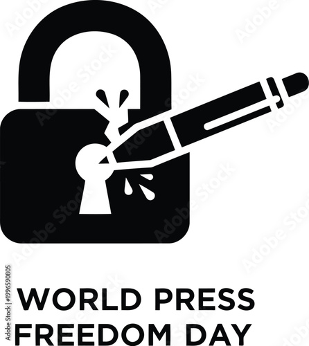 World Press Freedom Day icon with a pen breaking a padlock symbol representing journalism and free speech rights