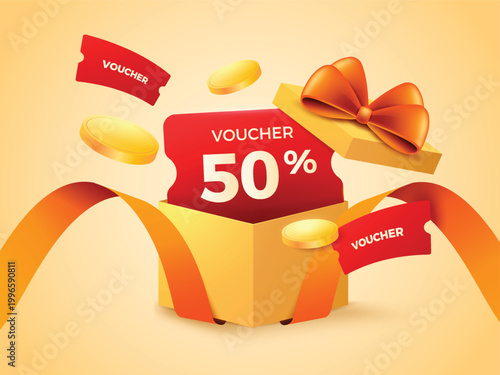 Yellow and red 3d voucher pop up from gift box with golden money flying and ribbon