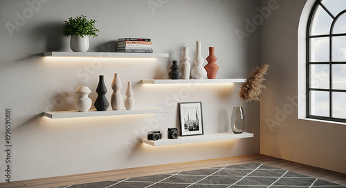 White floating shelves with vases and framed in modern room white shelves ceramic vases