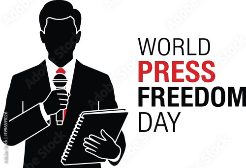 Silhouette of a male reporter holding a microphone and notebook for World Press Freedom Day concept illustration