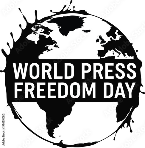 World Press Freedom Day symbol with a black ink globe and text for global media rights and journalism awareness