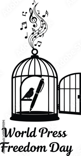 World Press Freedom Day concept illustration with a bird and a pen inside an open cage with music notes rising up