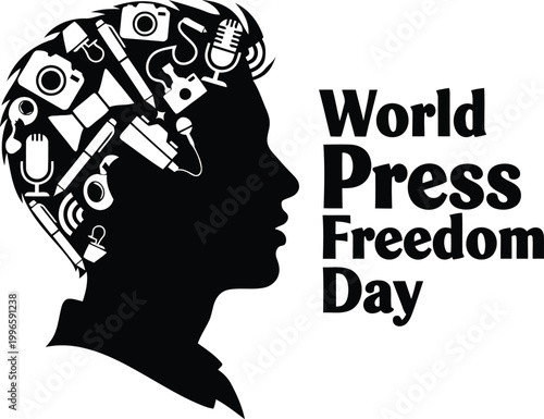 World Press Freedom Day concept with human head silhouette filled with journalist equipment and camera icons