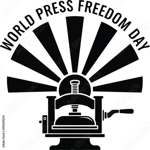 World Press Freedom Day black and white symbol with an old printing press machine and sunburst rays design graphic