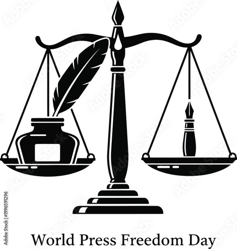 Scales of justice with inkwell and feather pen for World Press Freedom Day symbol illustration