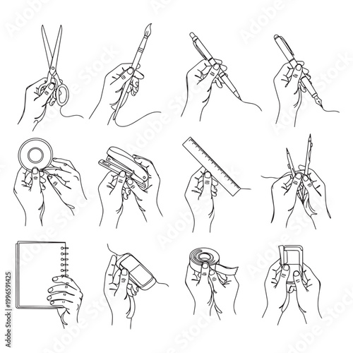 set of hand drawn pen sisure compass, nite pad vector illustration