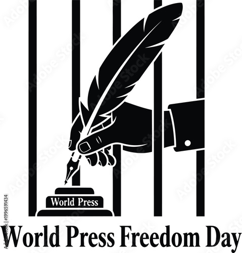 World Press Freedom Day concept illustration with a hand holding a quill pen writing behind metal prison bars