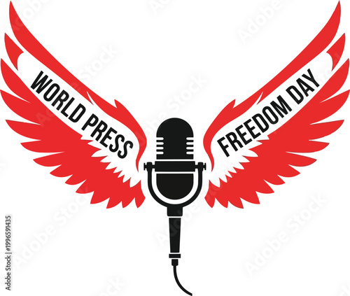 World Press Freedom Day design with a black microphone and red wings emblem for media and journalism awareness event