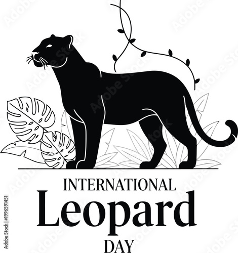 Black panther silhouette illustration for International Leopard Day with tropical jungle leaves and vine elements