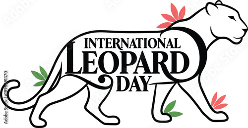 International Leopard Day typography logo design with a walking leopard silhouette and colorful tropical floral accents