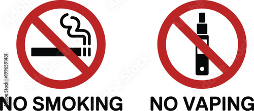 No smoking no vaping prohibition signs vector illustration with cigarette and e cigarette symbols in red warning circle for public safety use