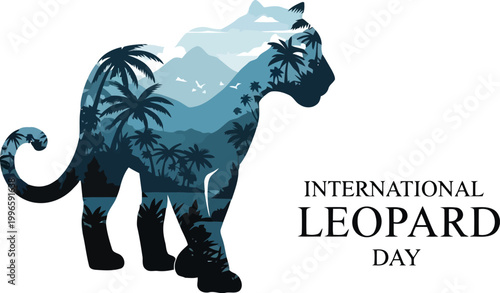 International Leopard Day design with a double exposure silhouette of a wild leopard in a tropical forest landscape