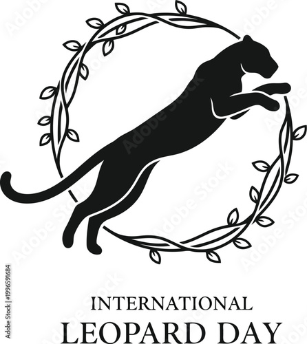 International Leopard Day emblem with a jumping leopard silhouette inside a decorative circle of leaves and branches