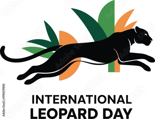 International Leopard Day logo design with a jumping black leopard silhouette and colorful tropical leaves in background