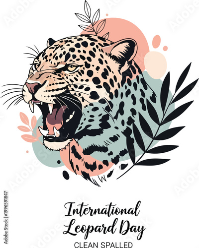 Roaring leopard head illustration with abstract tropical leaves and artistic watercolor shapes for International Leopard Day