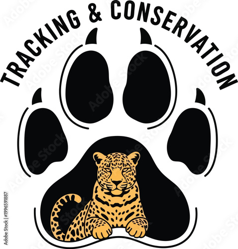 Tracking and conservation logo with a black animal paw print and a cute spotted leopard sitting inside the shape