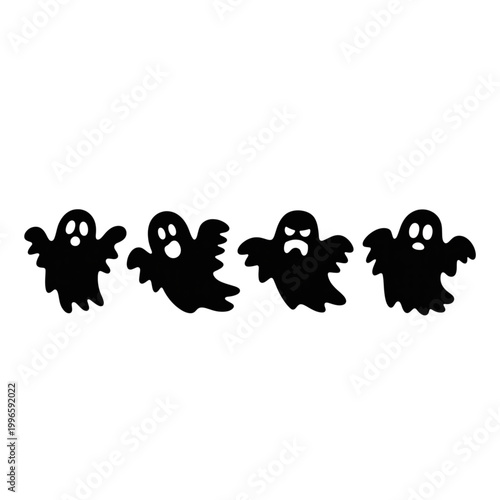 Halloween ghost silhouette set with scary spooky expressions, haunting phantom characters for festive holiday graphic design