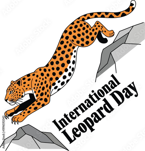 A wild leopard jumping over rocky mountains for International Leopard Day celebration