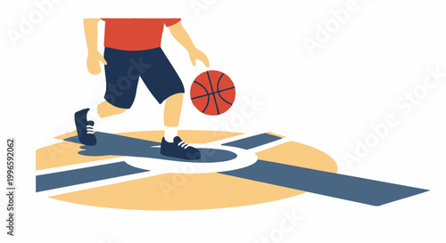 Man playing basketball on court, dribbling ball, sports illustration, active lifestyle