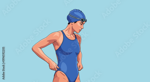 Female swimmer in blue swimsuit, cap, and goggles, looking down, isolated on blue background