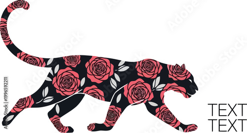 Black panther silhouette filled with red roses and floral patterns for creative design projects