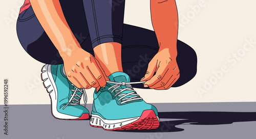 Runner tying shoelaces on turquoise athletic shoes, preparing for workout