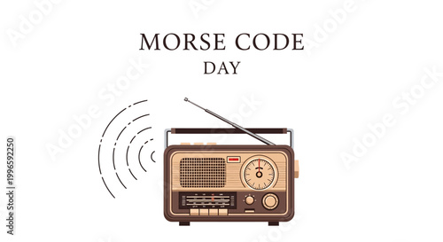 Vintage communication technology is celebrated on Morse Code Day with a vector illustration featuring a classic radio emitting a dot dash signal, set against a clean white background using
