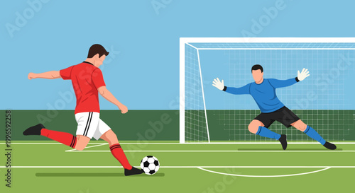 Soccer player kicking ball towards goal, goalkeeper ready to save