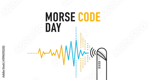 A vector illustration commemorates Morse Code Day with a stylized telegraph key emitting a blue and yellow radio signal, set against a clean white background to celebrate the historic