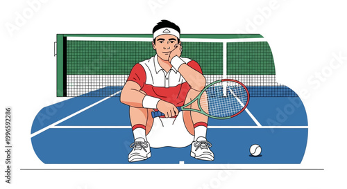 Tired Tennis Player Resting on Blue Court with Racquet and Ball