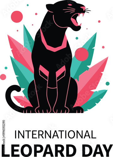 Black panther animal illustration for International Leopard Day celebration with colorful tropical leaves and shapes