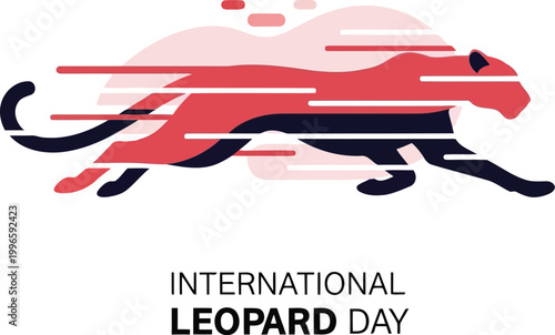 Abstract running leopard illustration for International Leopard Day with modern red and black speed motion lines design
