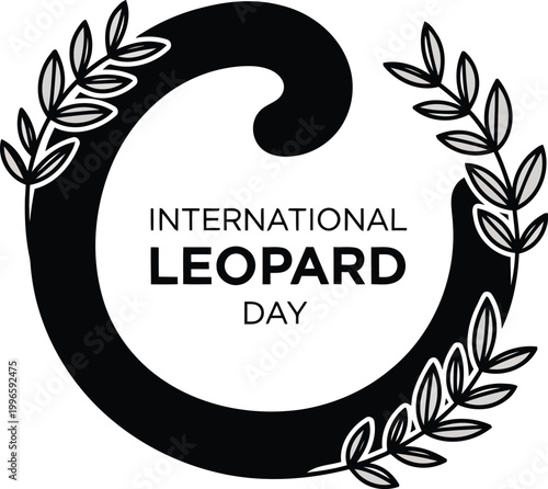 International Leopard Day emblem with black circular frame and decorative leaves for wildlife conservation awareness