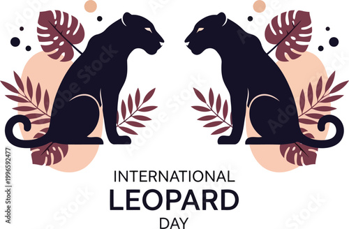 Two black leopards sitting with tropical leaves for international leopard day celebration vector illustration design
