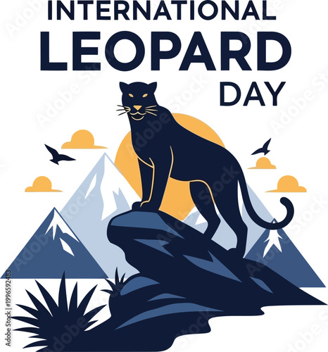 International Leopard Day design with a black panther standing on a mountain rock with a sun and snowy peaks behind