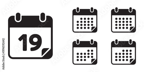 Set of calendar icons, calendar with number 19, calendar with grid, date mark, schedule symbol.