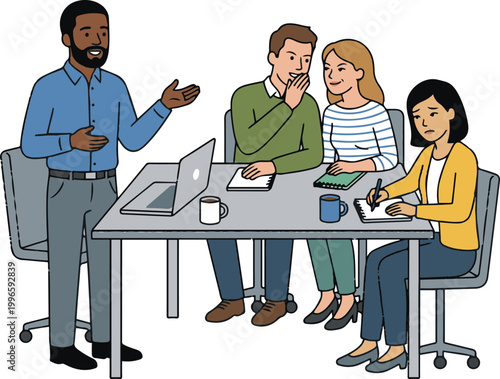 Team meeting scene with a presenter explaining ideas to colleagues seated at a table, illustrating workplace communication and collaboration.