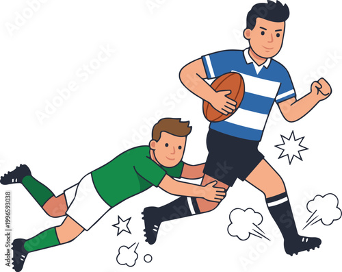 Rugby players in action with one athlete running with the ball while another attempts a tackle, illustrating competitive sports and teamwork.