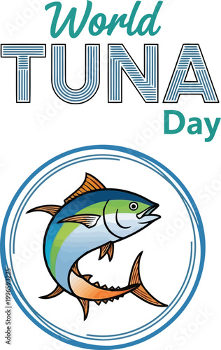 World Tuna Day celebration banner with a colorful jumping fish illustration inside a circular emblem for awareness