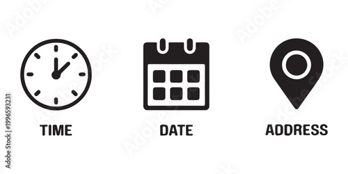Essential information icons for time date and address including clock calendar and map pin with text labels.