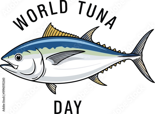 World Tuna Day illustration with a blue fish drawing and vintage style typography text design for ocean awareness